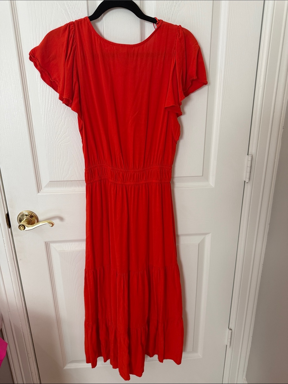Knox Rose Red Orange Flutter-Sleeve V-Neck Tiered Maxi Dress size small - Picture 4 of 4
